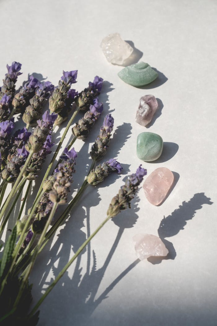 Sunlit still life of lavender and healing crystals creating a serene ambiance.
